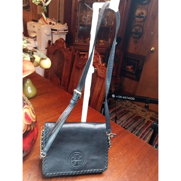 Tory Burch Marion Combo Black Leather Whipstitch Crossbody Bag W Gold Details - Picture 1 of 13